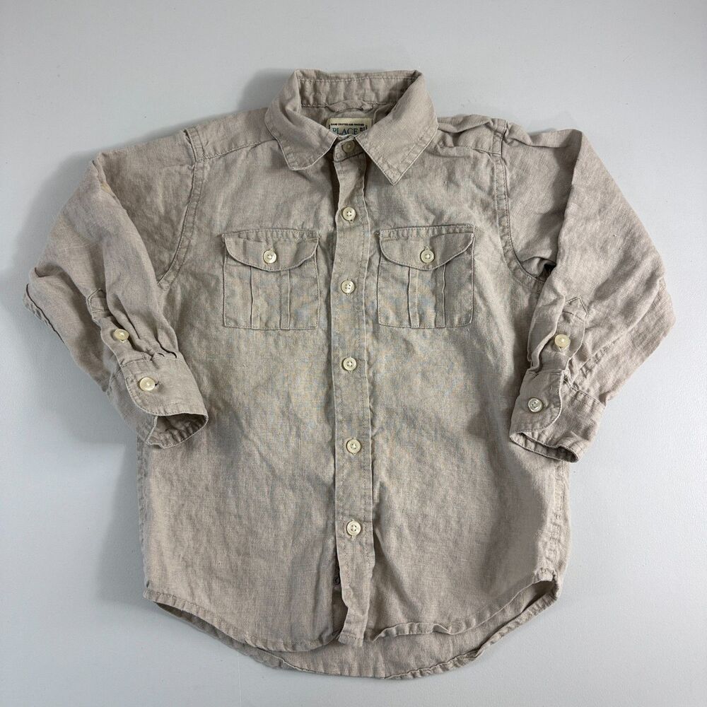 The Children's Place Boys 100% Linen Button Front Shirt Beige Tan L/S Size 4 XS
